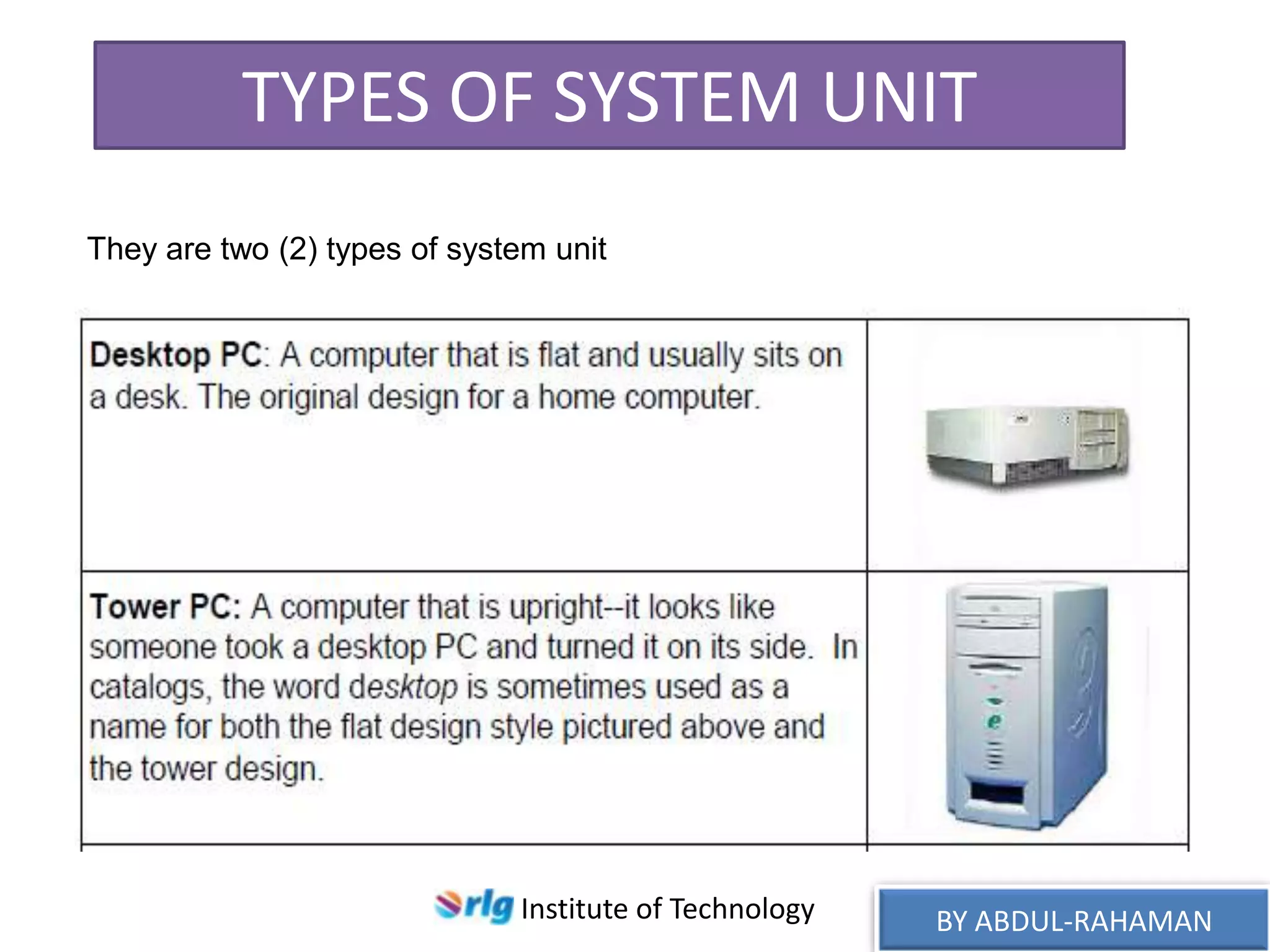 TYPES OF SYSTEM UNIT
They are two (2) types of system unit

Institute of Technology

BY ABDUL-RAHAMAN

 