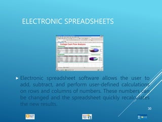ELECTRONIC SPREADSHEETS
 Electronic spreadsheet software allows the user to
add, subtract, and perform user-defined calculations
on rows and columns of numbers. These numbers can
be changed and the spreadsheet quickly recalculates
the new results.
30
 
