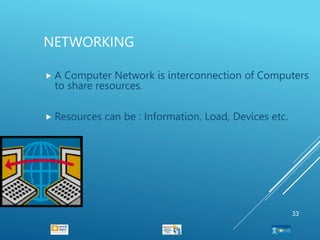 NETWORKING
 A Computer Network is interconnection of Computers
to share resources.
 Resources can be : Information, Load, Devices etc.
33
 