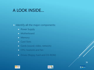A LOOK INSIDE…
 Identify all the major components:
 Power Supply
 Motherboard
 Memory
 Card Slots
 Cards (sound, video, network)
 CPU, heatsink and fan
 Drives (floppy, hard and CD-ROM)
36
 