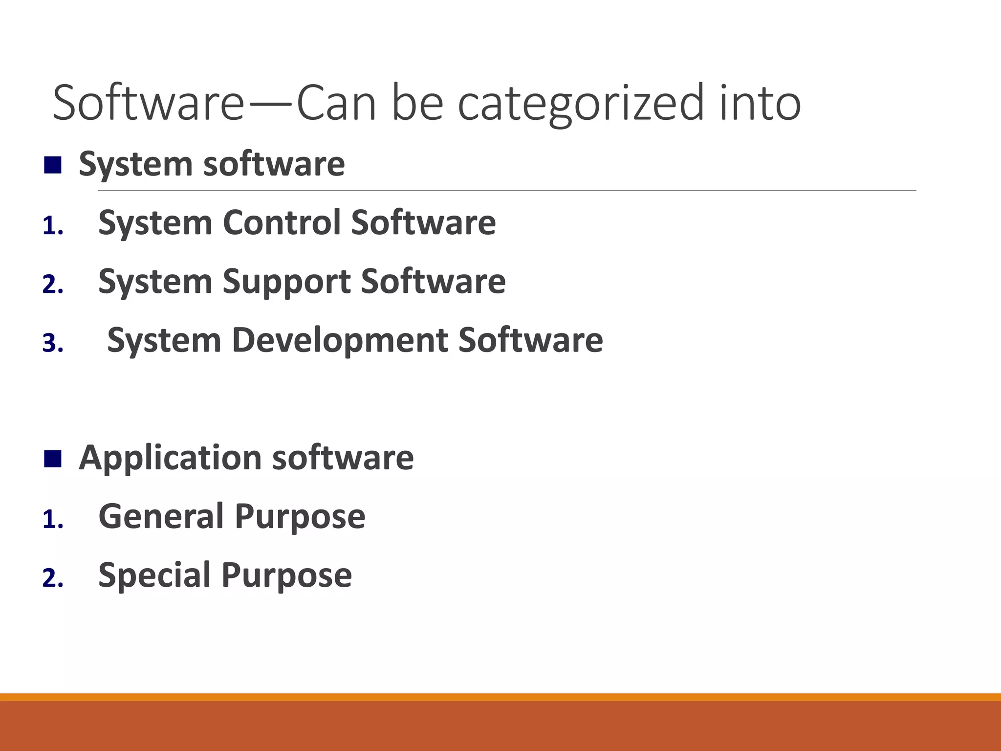 Software—Can be categorized into
 System software
1. System Control Software
2. System Support Software
3. System Development Software
 Application software
1. General Purpose
2. Special Purpose
 