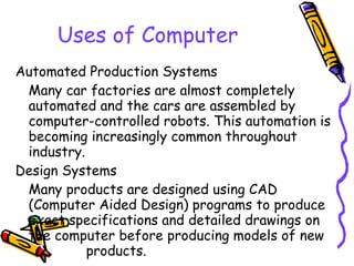 Use Of Computer In Automation Introduction to computers new 2010 | PPT