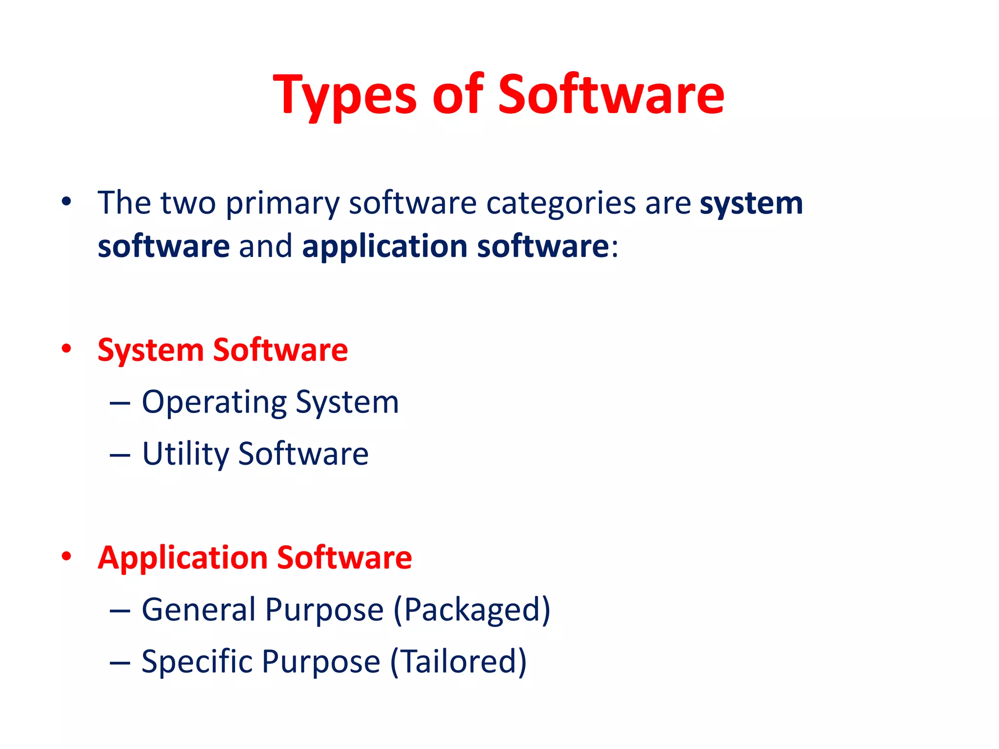 Types of Software
• The two primary software categories are system
software and application software:
• System Software
– Operating System
– Utility Software
• Application Software
– General Purpose (Packaged)
– Specific Purpose (Tailored)
 