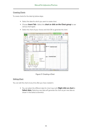 Manual for Laboratory Practices
99
Creating Charts
To create charts for the data by below steps.
• Select the data for which you want to create chart.
• Choose Insert Tab » Select the chart or click on the Chart group to see
various chart types.
• Select the chart of your choice and click OK to generate the chart.
Figure 21 Creating a Chart
Editing Chart
You can edit the chart at any time after you have created it.
• You can select the different data for chart input with Right click on chart »
Select data. Selecting new data will generate the chart as per new data as
shown in the below screenshot.
 