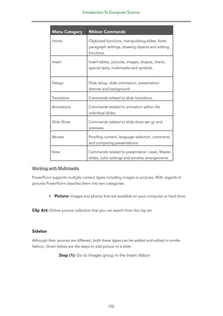 Introduction To Computer Science
102
Menu Category Ribbon Commands
Home Clipboard functions, manipulating slides, fonts
paragraph settings, drawing objects and editing
functions.
Insert Insert tables, pictures, images, shapes, charts,
special texts, multimedia and symbols.
Design Slide setup, slide orientation, presentation
themes and background.
Transitions Commands related to slide transitions.
Animations Commands related to animation within the
individual slides.
Slide Show Commands related to slide show set up and
previews.
Review Proofing content, language selection, comments
and comparing presentations.
View Commands related to presentation views, Master
slides, color settings and window arrangements.
Working with Multimedia
PowerPoint supports multiple content types including images or pictures. With regards to
pictures PowerPoint classifies them into two categories:
• Picture: Images and photos that are available on your computer or hard drive
Clip Art: Online picture collection that you can search from the clip art
Sidebar
Although their sources are different, both these types can be added and edited in similar
fashion. Given below are the steps to add picture to a slide.
Step (1): Go to Images group in the Insert ribbon
 