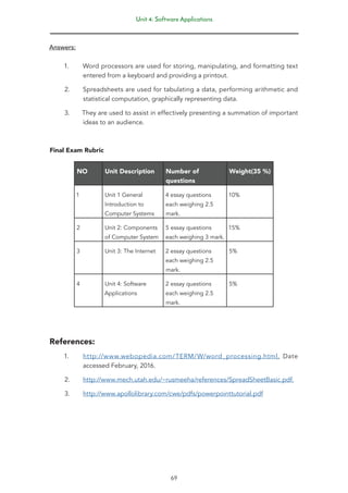 Unit 4: Software Applications
69
Answers:
1. Word processors are used for storing, manipulating, and formatting text
entered from a keyboard and providing a printout.
2. Spreadsheets are used for tabulating a data, performing arithmetic and
statistical computation, graphically representing data.
3. They are used to assist in effectively presenting a summation of important
ideas to an audience.
Final Exam Rubric
NO Unit Description Number of
questions
Weight(35 %)
1 Unit 1 General
Introduction to
Computer Systems
4 essay questions
each weighing 2.5
mark.
10%
2 Unit 2: Components
of Computer System
5 essay questions
each weighing 3 mark.
15%
3 Unit 3: The Internet 2 essay questions
each weighing 2.5
mark.
5%
4 Unit 4: Software
Applications
2 essay questions
each weighing 2.5
mark.
5%
References:
1. http://www.webopedia.com/TERM/W/word_processing.html, Date
accessed February, 2016.
2. http://www.mech.utah.edu/~rusmeeha/references/SpreadSheetBasic.pdf.
3. http://www.apollolibrary.com/cwe/pdfs/powerpointtutorial.pdf
 