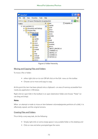 Manual for Laboratory Practices
73
Figure 6. Folder hierarchy
Moving and Copying Files and Folders
To move a file or folder:
• either right click on its icon OR left click on the Edit menu on the toolbar.
• Choose cut to move and copy to copy.
At this point the item has been placed onto a clipboard – an area of memory accessible from
nearly any application in Windows.
Right click (or open Edit in the toolbar) in an open destination folder and choose “Paste” (or
use drag and drop) .
Note:
When an attempt is made to move an item between volumes(separate partitions of a disk), it is
effectively copied, and the original remains.
Creating Files and Folders
This is fairly a very easy task, do the following:
• Simply right-click on some empty space in any suitable folder or the desktop and
• Click on new and when prompted type the name.
 