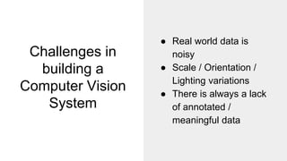 Challenges in
building a
Computer Vision
System
● Real world data is
noisy
● Scale / Orientation /
Lighting variations
● There is always a lack
of annotated /
meaningful data
 