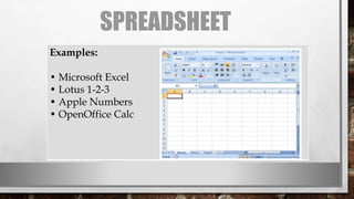 SPREADSHEET
Examples:
• Microsoft Excel
• Lotus 1-2-3
• Apple Numbers
• OpenOffice Calc
 