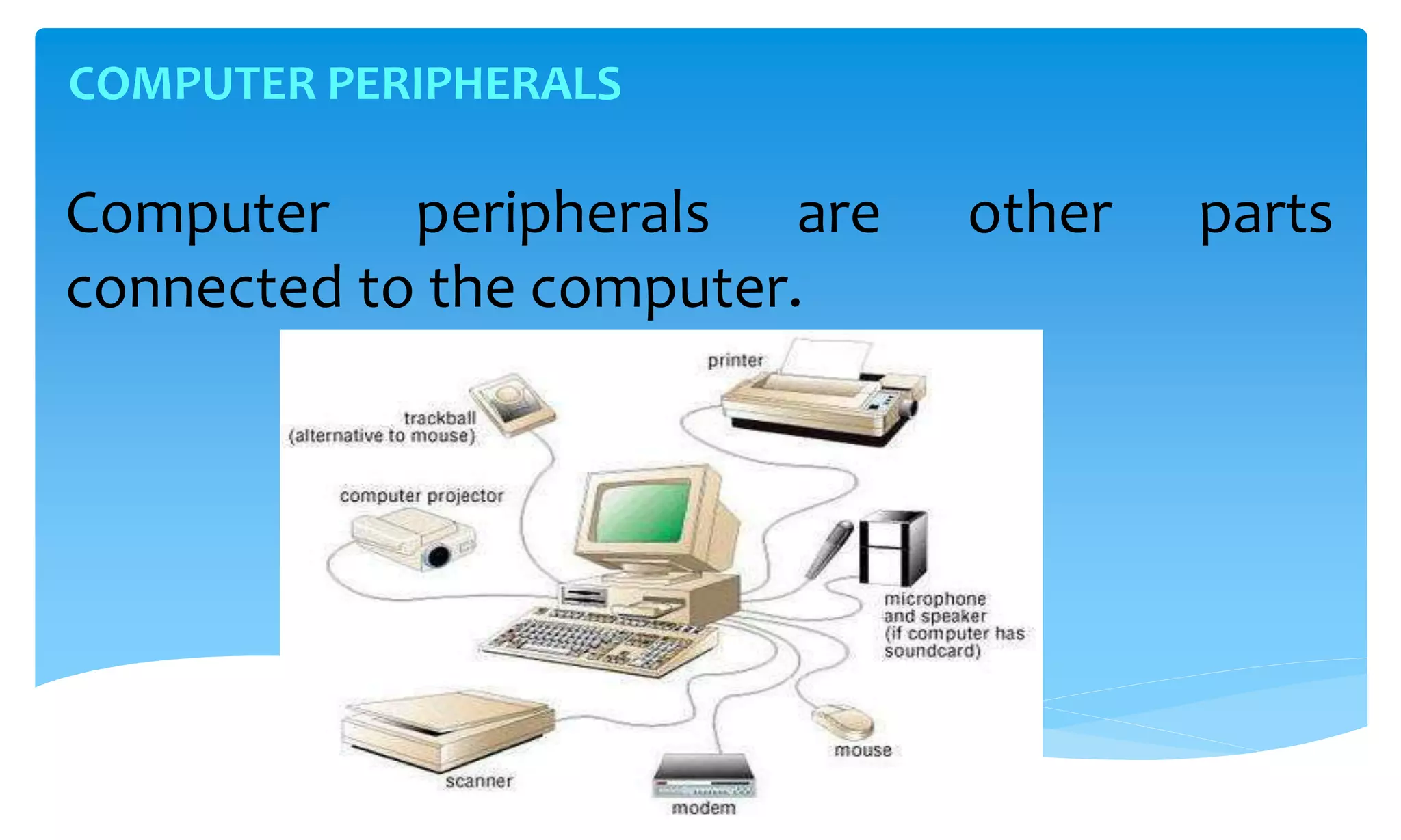 COMPUTER PERIPHERALS
Computer peripherals are other parts
connected to the computer.
 