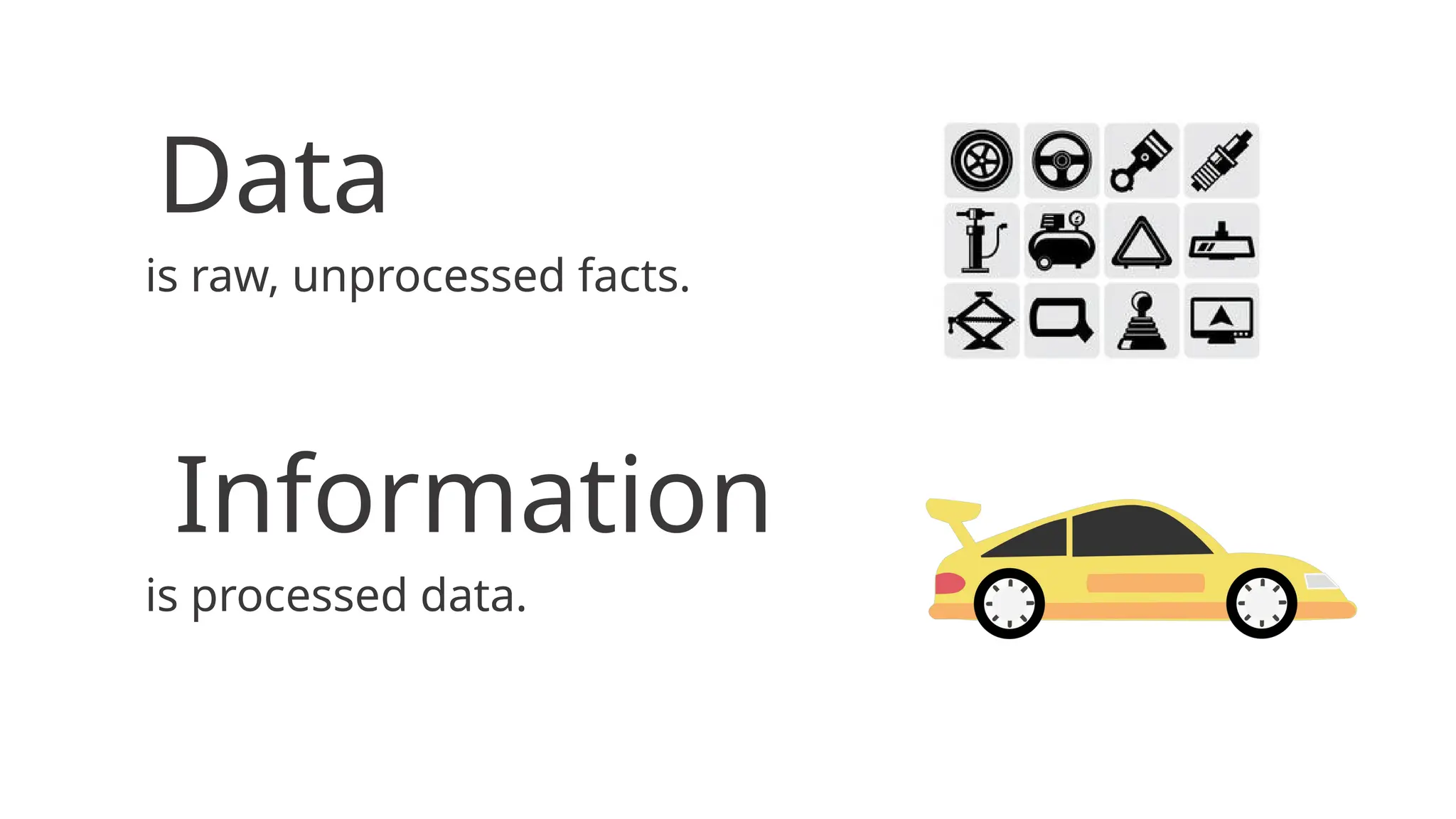 Data
Information
is raw, unprocessed facts.
is processed data.
 