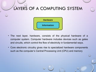 • The next layer, hardware, consists of the physical hardware of a
computer system. Computer hardware includes devices such as gates
and circuits, which control the flow of electricity in fundamental ways.
• Core electronic circuitry gives rise to specialized hardware components
such as the computer’s Central Processing Unit (CPU) and memory
LAYERS OF A COMPUTING SYSTEM
 