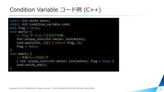 Condition Variable コード例 (C++)
20
static std::mutex mutex;
static std::condition_variable cond;
bool flag = false;
void wait() {
// flag が true になるまで待機。
std::unique_lock<std::mutex> lock(mutex);
cond.wait(lock, []() { return flag; });
flag = false;
}
void wake() {
// 待機スレッドを起こす
{ std::unique_lock<std::mutex> lock(mutex); flag = true; }
cond.notify_one();
}
Copyright © PIXELA CORPORATION. All Rights Reserved.｜PIXELA CORPORATION PROPRIETARY AND CONFIDENTIAL.
 