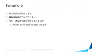 Semaphore
○ 指定回数だけ取得できる
○ 解放は取得者でなくてもよい
○ リソースの共有数の管理に使えるはず
○ Mutex と条件変数でも実装できるが…
23Copyright © PIXELA CORPORATION. All Rights Reserved.｜PIXELA CORPORATION PROPRIETARY AND CONFIDENTIAL.
 