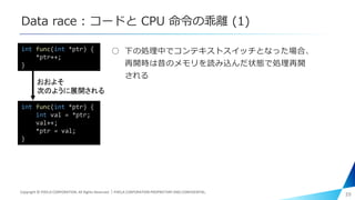 Data race : コードと CPU 命令の乖離 (1)
○ 下の処理中でコンテキストスイッチとなった場合、
再開時は昔のメモリを読み込んだ状態で処理再開
される
39
int func(int *ptr) {
*ptr++;
}
int func(int *ptr) {
int val = *ptr;
val++;
*ptr = val;
}
おおよそ
次のように展開される
Copyright © PIXELA CORPORATION. All Rights Reserved.｜PIXELA CORPORATION PROPRIETARY AND CONFIDENTIAL.
 