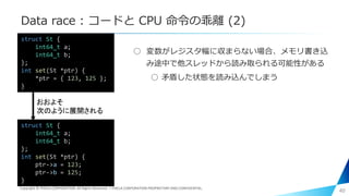Data race : コードと CPU 命令の乖離 (2)
○ 変数がレジスタ幅に収まらない場合、メモリ書き込
み途中で他スレッドから読み取られる可能性がある
○ 矛盾した状態を読み込んでしまう
40
struct St {
int64_t a;
int64_t b;
};
int set(St *ptr) {
*ptr = { 123, 125 };
}
おおよそ
次のように展開される
struct St {
int64_t a;
int64_t b;
};
int set(St *ptr) {
ptr->a = 123;
ptr->b = 125;
}
Copyright © PIXELA CORPORATION. All Rights Reserved.｜PIXELA CORPORATION PROPRIETARY AND CONFIDENTIAL.
 
