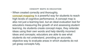 C O N C E P T M A P S I N E D U C AT I O N
• When created correctly and thoroughly,
concept mapping is a powerful way for students to reach
high levels of cognitive performance. A concept map is
also not just a learning tool, but an ideal evaluation tool for
educators measuring the growth of and assessing student
learning. As students create concept maps, they reiterate
ideas using their own words and help identify incorrect
ideas and concepts; educators are able to see what
students do not understand, providing an accurate,
objective way to evaluate areas in which students do not
yet grasp concepts fully.
 