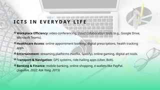 I C T S I N E V E R Y D A Y L I F E
Workplace Efficiency: video conferencing, cloud collaboration tools (e.g., Google Drive,
Microsoft Teams).
Healthcare Access: online appointment booking, digital prescriptions, health tracking
apps.
Entertainment: streaming platforms (Netflix, Spotify), online gaming, digital art tools.
Transport & Navigation: GPS systems, ride-hailing apps (Uber, Bolt).
Banking & Finance: mobile banking, online shopping, e-wallets like PayPal.
(Juguilon, 2022; Kak Yong, 2015)
 