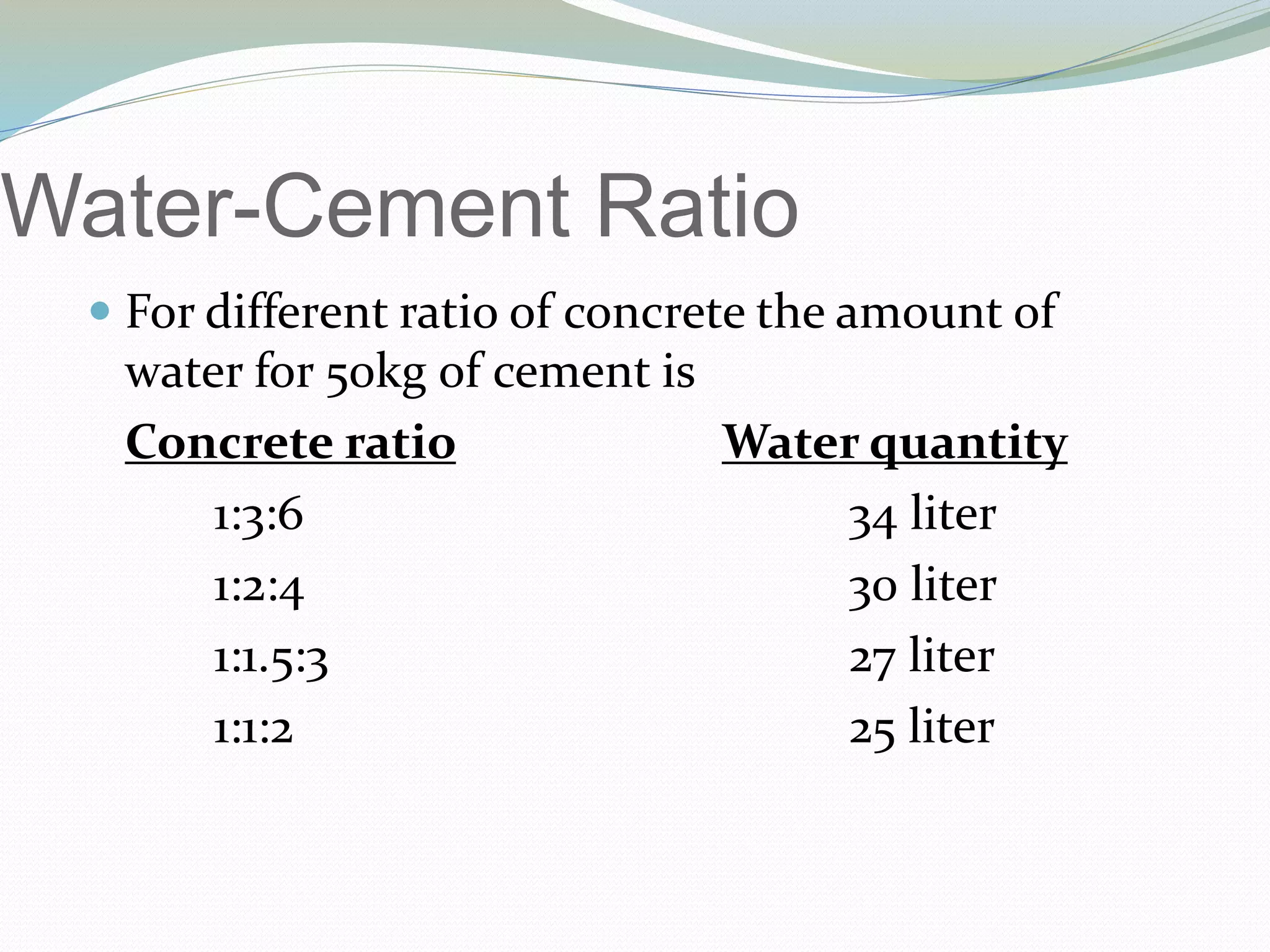 Water-Cement Ratio
 For different ratio of concrete the amount of
water for 50kg of cement is
Concrete ratio Water quantity
1:3:6 34 liter
1:2:4 30 liter
1:1.5:3 27 liter
1:1:2 25 liter
 