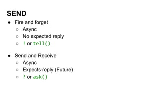 SEND
● Fire and forget
○ Async
○ No expected reply
○ ! or tell()
● Send and Receive
○ Async
○ Expects reply (Future)
○ ? or ask()
 