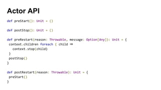 def preStart(): Unit = ()
def postStop(): Unit = ()
def preRestart(reason: Throwable, message: Option[Any]): Unit = {
context.children foreach { child ⇒
context.stop(child)
}
postStop()
}
def postRestart(reason: Throwable): Unit = {
preStart()
}
Actor API
 