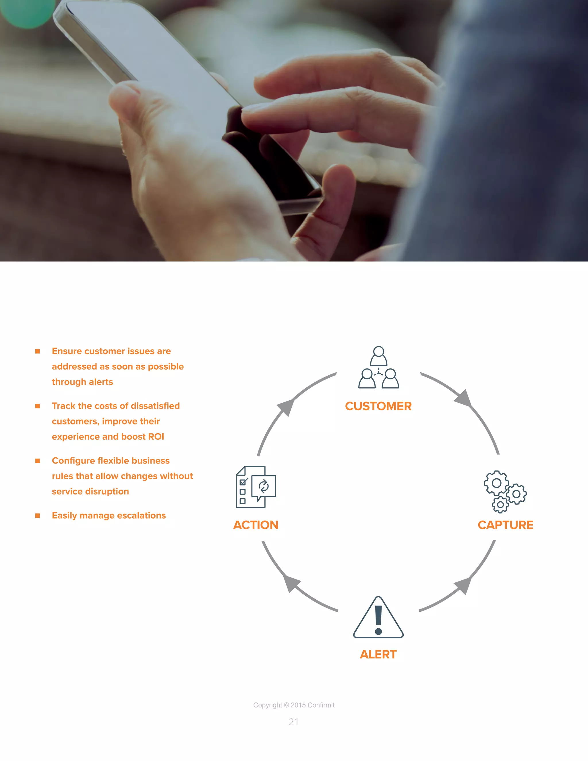 Copyright © 2015 Confirmit
21
ALERT
CUSTOMER
ACTION CAPTURE
n	 Ensure customer issues are
addressed as soon as possible
through alerts
n	 Track the costs of dissatisfied
customers, improve their
experience and boost ROI
n	 Configure flexible business
rules that allow changes without
service disruption
n	 Easily manage escalations
 