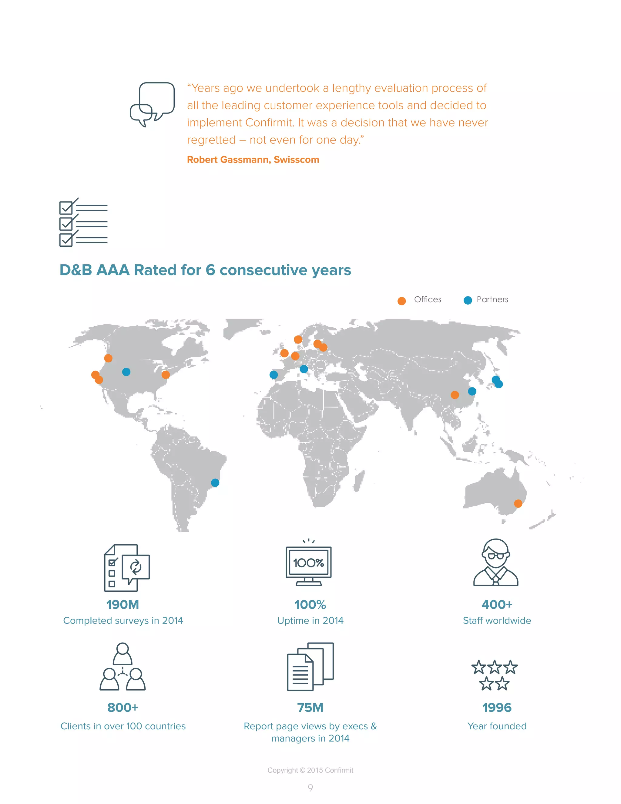 Copyright © 2015 Confirmit
9
“Years ago we undertook a lengthy evaluation process of
all the leading customer experience tools and decided to
implement Confirmit. It was a decision that we have never
regretted – not even for one day.”
Robert Gassmann, Swisscom
Offices Partners
Completed surveys in 2014
Clients in over 100 countries
Uptime in 2014
Report page views by execs &
managers in 2014
Staff worldwide
Year founded
190M
800+
100%
75M
400+
1996
D&B AAA Rated for 6 consecutive years
 