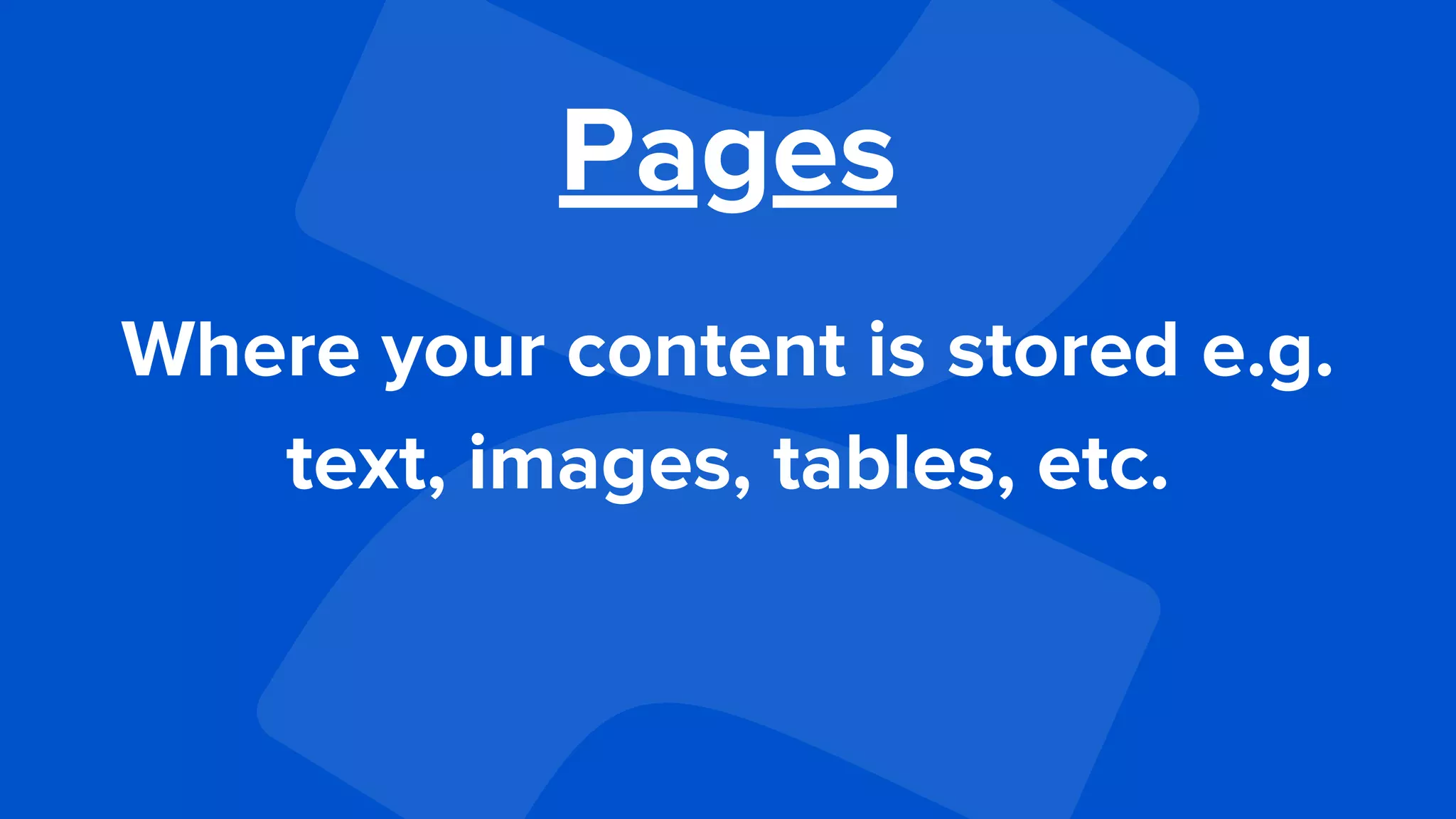 Pages
Where your content is stored e.g.
text, images, tables, etc.