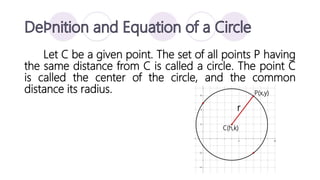 Let C be a given point. The set of all points P having
the same distance from C is called a circle. The point C
is called the center of the circle, and the common
distance its radius. P(x,y)
C(h,k)
r
 