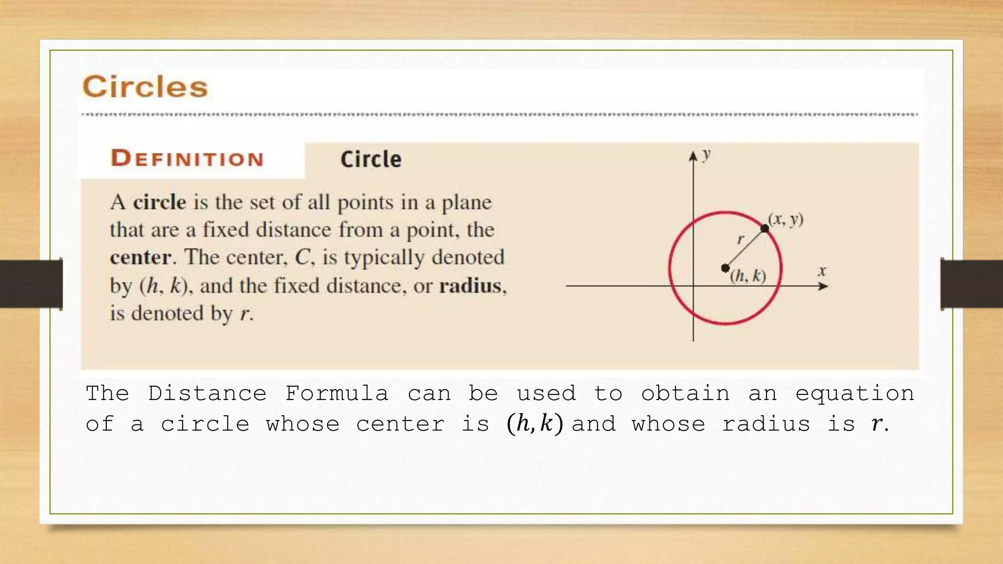 The Distance Formula can be used to obtain an equation
of a circle whose center is (ℎ, 𝑘) and whose radius is 𝑟.
 