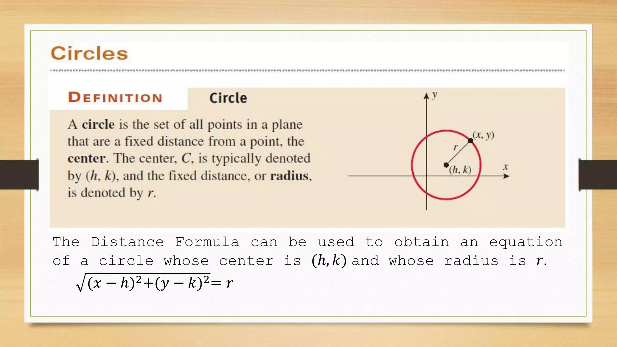 The Distance Formula can be used to obtain an equation
of a circle whose center is (ℎ, 𝑘) and whose radius is 𝑟.
(𝑥 − ℎ)2+(𝑦 − 𝑘)2= 𝑟
 