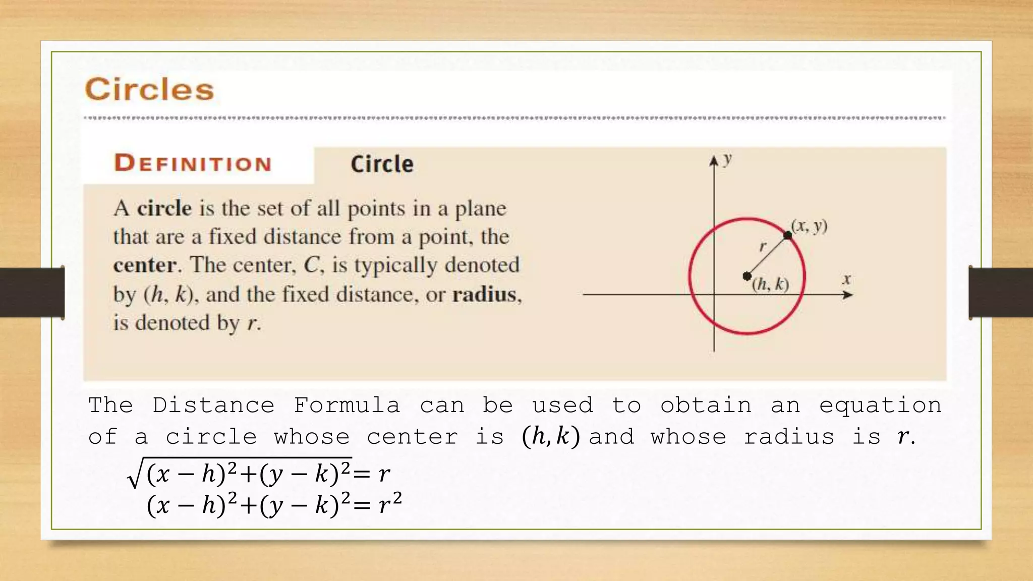 The Distance Formula can be used to obtain an equation
of a circle whose center is (ℎ, 𝑘) and whose radius is 𝑟.
(𝑥 − ℎ)2+(𝑦 − 𝑘)2= 𝑟
(𝑥 − ℎ)2+(𝑦 − 𝑘)2= 𝑟2
 