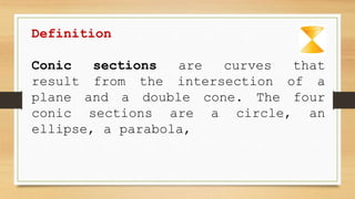 Definition
Conic sections are curves that
result from the intersection of a
plane and a double cone. The four
conic sections are a circle, an
ellipse, a parabola,
 