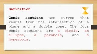 Definition
Conic sections are curves that
result from the intersection of a
plane and a double cone. The four
conic sections are a circle, an
ellipse, a parabola, and a
hyperbola.
 