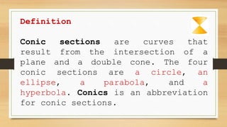 Definition
Conic sections are curves that
result from the intersection of a
plane and a double cone. The four
conic sections are a circle, an
ellipse, a parabola, and a
hyperbola. Conics is an abbreviation
for conic sections.
 