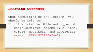 Learning Outcomes
Upon completion of the lessons, you
should be able to:
1. illustrate the different types of
conic sections: parabola, ellipse,
circle, hyperbola, and degenerate
cases; (STEM_PC11AG-Ia-1)
 