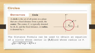 The Distance Formula can be used to obtain an equation
of a circle whose center is (ℎ, 𝑘) and whose radius is 𝑟.
(𝑥 − ℎ)2+(𝑦 − 𝑘)2= 𝑟
 