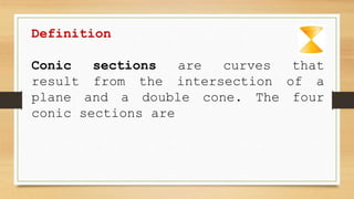 Definition
Conic sections are curves that
result from the intersection of a
plane and a double cone. The four
conic sections are
 