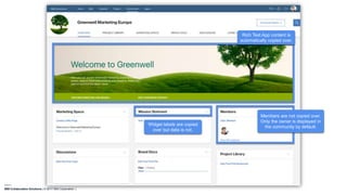 IBM Collaboration Solutions | © 2017 IBM Corporation |
Rich Text App content is
automatically copied over.
Widget labels are copied
over but data is not.
Members are not copied over.
Only the owner is displayed in
the community by default.
 