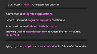 Composed of integrated applications
where users and cognitive systems collaborate
in an environment tailored to their needs
allowing work to seamlessly flow between different mediums,
in context
Connections PINK: An engagement platform
tying together people and their content in the fabric of collaboration
 