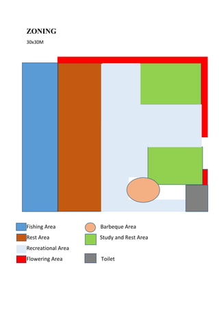 ZONING
30x30M
Fishing Area Barbeque Area
Rest Area Study and Rest Area
Recreational Area
Flowering Area Toilet
 