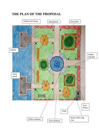 THE PLAN OF THE PROPOSAL
Platform for fishing Grass floorWood bench
Gazebo
Stone
bench
Garden
LED light
Ixora
flower
Toilet
Stone walkway
Bench under a big
tree
Shelter walkway
 