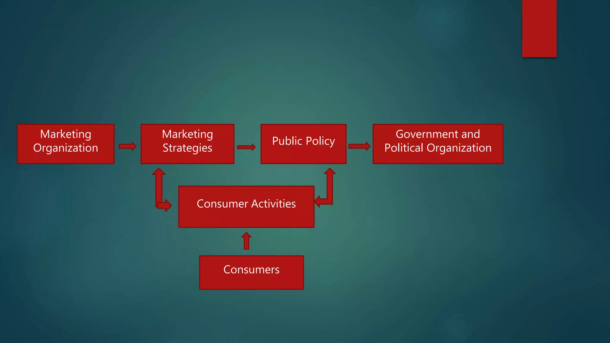 Marketing
Organization
Marketing
Strategies
Public Policy
Government and
Political Organization
Consumer Activities
Consumers
 