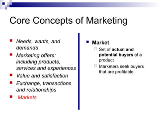Core Concepts of Marketing
 Needs, wants, and
demands
 Marketing offers:
including products,
services and experiences
 Value and satisfaction
 Exchange, transactions
and relationships
 Markets
 Market
 Set of actual and
potential buyers of a
product
 Marketers seek buyers
that are profitable
 