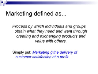 Marketing defined as...
Process by which individuals and groups
obtain what they need and want through
creating and exchanging products and
value with others.
Simply put: Marketing ğ the delivery of
customer satisfaction at a profit.
 