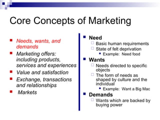 Core Concepts of Marketing
 Needs, wants, and
demands
 Marketing offers:
including products,
services and experiences
 Value and satisfaction
 Exchange, transactions
and relationships
 Markets
 Need
 Basic human requirements
 State of felt deprivation
 Example: Need food
 Wants
 Needs directed to specific
objects
 The form of needs as
shaped by culture and the
individual
 Example: Want a Big Mac
 Demands
 Wants which are backed by
buying power
 