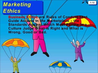 Marketing
Marketing
Ethics
Ethics
Business Ethics are Rules of Conduct That
Guide Actions in the Marketplace - the
Standards Against Which Most People in a
Culture Judge What is Right and What is
Wrong, Good or Bad.

1-12
1-12

 