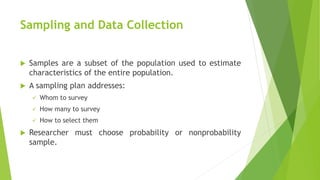 Sampling and Data Collection
 Samples are a subset of the population used to estimate
characteristics of the entire population.
 A sampling plan addresses:
 Whom to survey
 How many to survey
 How to select them
 Researcher must choose probability or nonprobability
sample.
 
