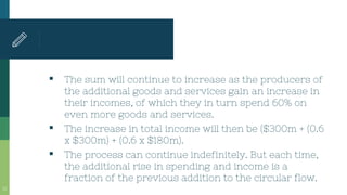 ▪ The sum will continue to increase as the producers of
the additional goods and services gain an increase in
their incomes, of which they in turn spend 60% on
even more goods and services.
▪ The increase in total income will then be ($300m + (0.6
x $300m) + (0.6 x $180m).
▪ The process can continue indefinitely. But each time,
the additional rise in spending and income is a
fraction of the previous addition to the circular flow.
22
 