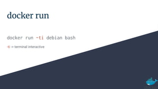 docker run
docker run -ti debian bash
-ti -> terminal interactive
 